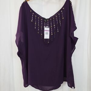 Nine West 2x 18/20 Purple Chiffon Georgette Embellished Boat Neck Top Blouse
